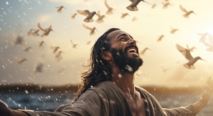 Portrait of Jesus Christ on the beach at sunset surrounded by flying birds