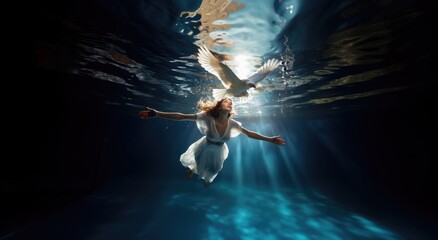 Young woman in white dress and Holy Dove under water surface. Baptism Concept - obrazy, fototapety, plakaty