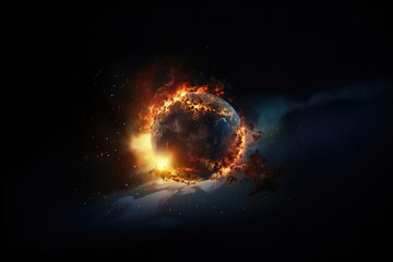 Planet earth burning in fire on a black background. Global warming concept. 
