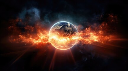 Planet earth burning in fire on a black background. Global warming concept.  - obrazy, fototapety, plakaty