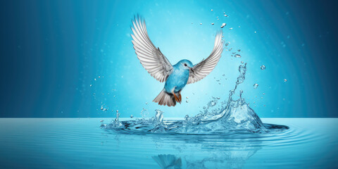 Blue dove with water splash isolated on blue background. - obrazy, fototapety, plakaty