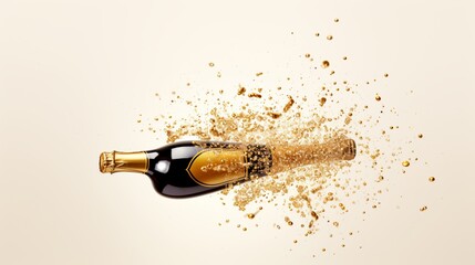 Champagne bottle on a white background with splashes of golden glitter. Lay flat. Simple party theme.