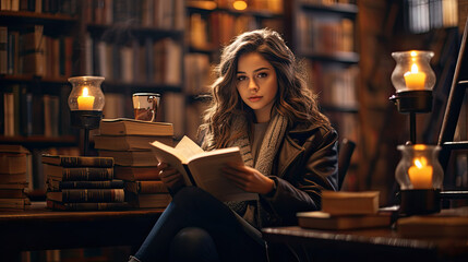 a young woman sipping her cappuccino at a cozy café, surrounded by bookshelves filled with old, weathered books