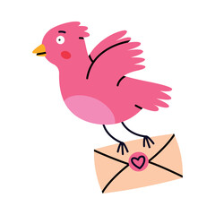 Pink Bird Carry Letter Envelope Flying with Post Vector Illustration