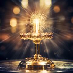 The golden monstrance with a little transparent crystal center, consecrated host. church defocused background. - obrazy, fototapety, plakaty