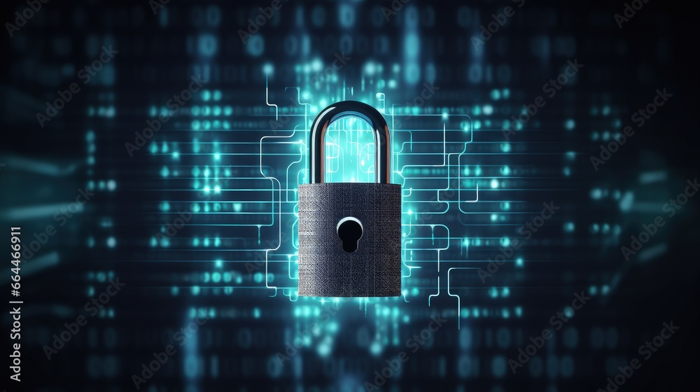 Poster Padlock icon on hi-tech or binary code background. Data protection privacy concept. Cyber Data. Cyber security internet and networking.
