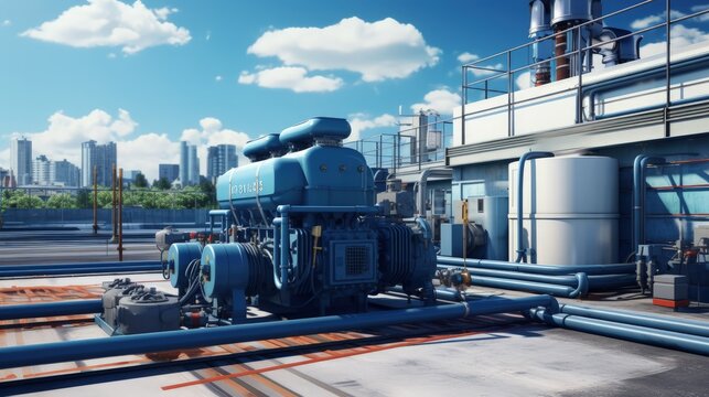 3d rendering of water pump station on rooftop factory. Include centrifugal pump, electric motor, pipeline, valve, solar panel and control box. Machine in industrial work for distribution, supply water