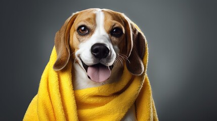 A cute beagle dog in a yellow towel after bathing on a gray isolated background. Pet grooming concept. - obrazy, fototapety, plakaty