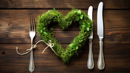 High Angle View of Small Heart Shaped Greenery Wedding Wreath at Table Setting with Silver Knife and Fork Tied with String to Fringed White Napkin with Blank Tag on Rustic Wooden Table Surface - Powered by Adobe