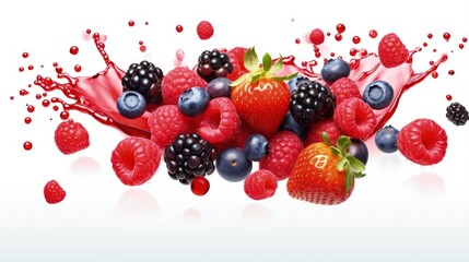 Fresh mix berries fruit with red raspberry, strawberry, blackberry and blueberry flying in the air isolated on white background. - obrazy, fototapety, plakaty