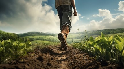 farmer wears boots walking on the ridge, farming concept, cultivation and agriculture - obrazy, fototapety, plakaty
