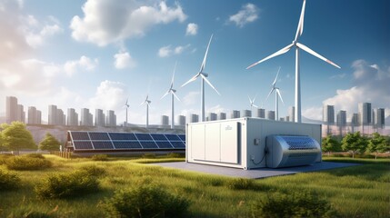 Concept of an energy storage system based on electrolysis of hydrogen in a clean environment with photovoltaics, wind farms and a city in the background. 3d rendering.