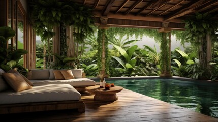 Small private swimming pool in Bali house. Green tropical plants around, wooden sofa. Villa in Jungle. - obrazy, fototapety, plakaty