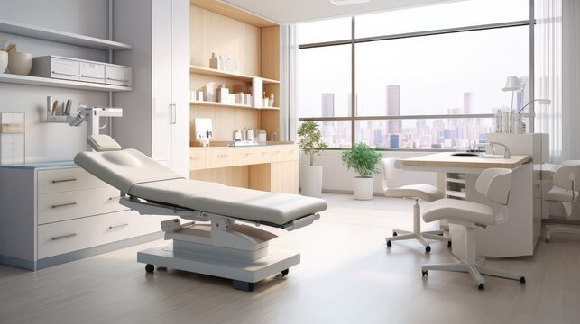Modern medical office interior with doctor's workplace and examination table