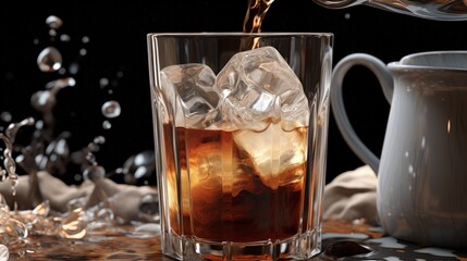 Pouring cream in iced coffee in rocks glass