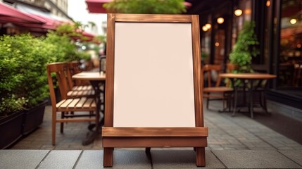 Blank wooden sandwich board near outdoor cafe. Mockup for design