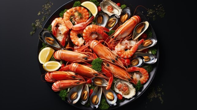 Traditional spanish seafood paella with rice, mussels, shrimps in a pan on white background. view from above, flat lay