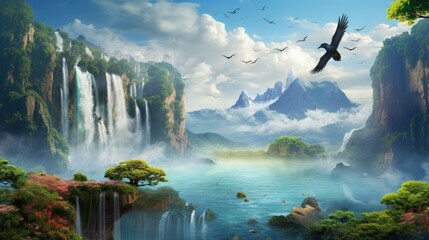 Illustration of beautiful waterfall mountains, birds, clouds and river over decorative background 3d wallpaper