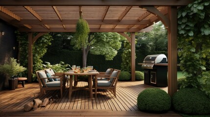3D illustration of a luxury wooden teak deck with BBQ grill and decor furniture. Side view of a wooden pergola in green garden.