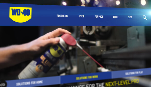 Moscow, Russia - 19 October, 2023: WD40 website on screen with perspective with company logo, Illustrative Editorial