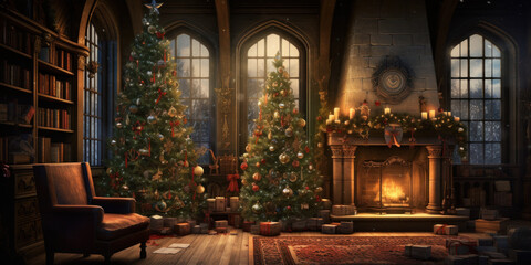 Fototapeta na wymiar christmas tree inside gothic halls