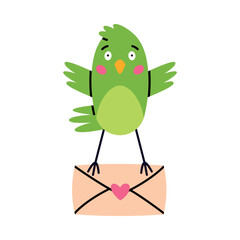 Green Bird Carry Letter Envelope Flying with Post Vector Illustration