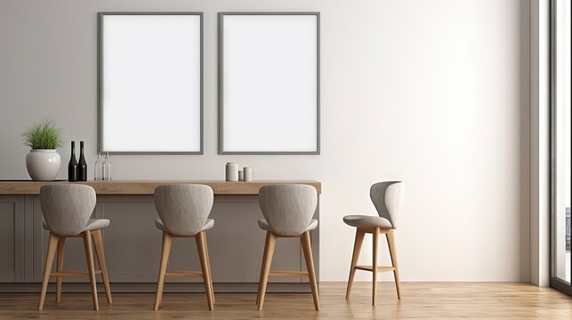 Empty vertical picture frame standing in modern kitchen. Mock up interior in contemporary style. Free, copy space for your picture, poster. Kitchen, bar chairs, parquet floor. 3D rendering