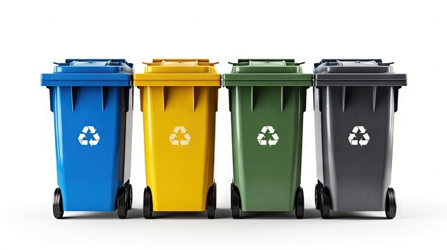 Recycling bins. Yellow, green, blue and brown dustbin for recycle plastic, paper and glass can trash isolated on white background. with clipping path
