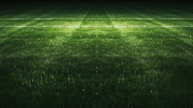 Green grass field background for football and soccer sports, volleyball, evening stadium, artificial lighting. Green lawn pattern and texture background. Close-up image
