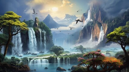 Illustration of beautiful waterfall mountains, birds, clouds and river over decorative background 3d wallpaper
