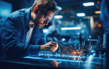 Electronic Technician Focused on Microprocessor Precision in the Making.