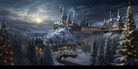 landscape with castle school reminiscent of Hogwarts 