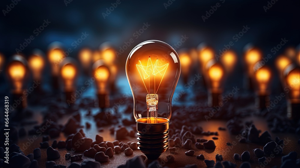 Poster Idea and creativity concept. Creative process concept and problem solution. One glowing light bulb idea among many dark off.