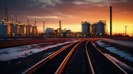 Fertilizer plant in an agricultural landscape at sunset. Railroad tanker cars stretched across the image. Night shot with lights on imposed on sunset background. - obrazy, fototapety, plakaty