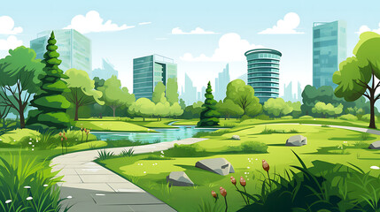 a green urban park with modern landscaping, recreational areas, and sustainable features, highlighting the integration of nature and architecture in modern city planning  - obrazy, fototapety, plakaty