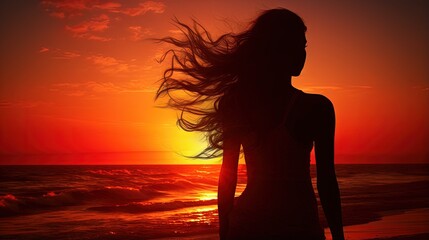 Silhouette of a girl on a background of the sea and red sky in the light of the setting sun.