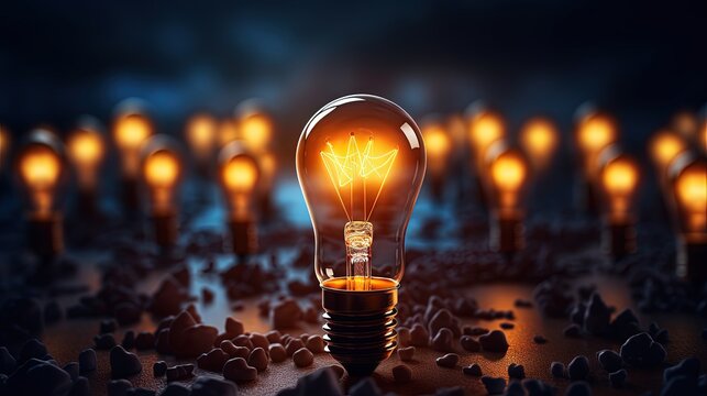 Idea And Creativity Concept. Creative Process Concept And Problem Solution. One Glowing Light Bulb Idea Among Many Dark Off.