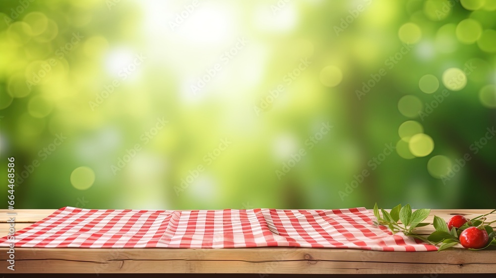 Poster empty wooden desk table with red checkered tablecloth over abstract bright light green spring or sum