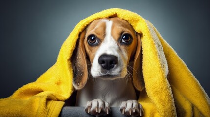 A cute beagle dog in a yellow towel after bathing on a gray isolated background. Pet grooming concept.
