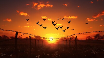 International human rights day concept: Silhouette birds flying in shape of heart transform barbed wire on meadow autumn sunset background