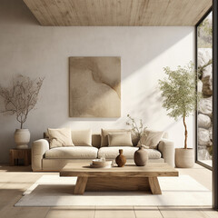 modern living room with big sofa and table, natural decor, minimal style, natural colours - 664468547