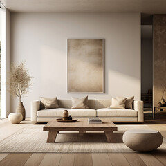 modern living room with big sofa and table, natural decor, minimal style, natural colours - 664468552