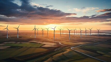 Ariel shot of the wind turbines at Fraisthorpe, Bridlington, East Yorkshire in the UK at around Sunset in May. - obrazy, fototapety, plakaty