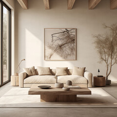 modern living room with big sofa and table, natural decor, minimal style, natural colours