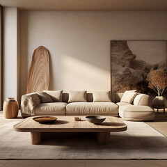 modern living room with big sofa and table, natural decor, minimal style, natural colours - 664468590