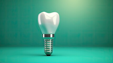 Teeth and dental implant isolated on green background. 3d illustration - obrazy, fototapety, plakaty