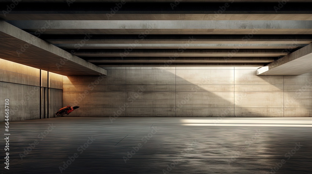 Poster 3d render of concrete architecture with car park, empty cement floor.