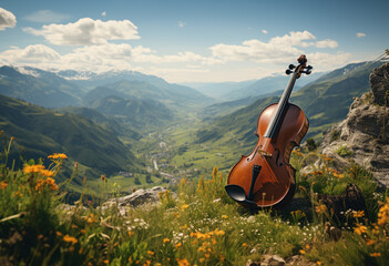 Cello displayed on rocky ridge overlooking panoramic daytime mountain vista with flowers