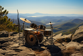 Drum set displayed on rocky ridge overlooking panoramic daytime mountain vista