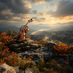 Cello displayed on rocky ridge overlooking panoramic sunset mountain vista with flowers